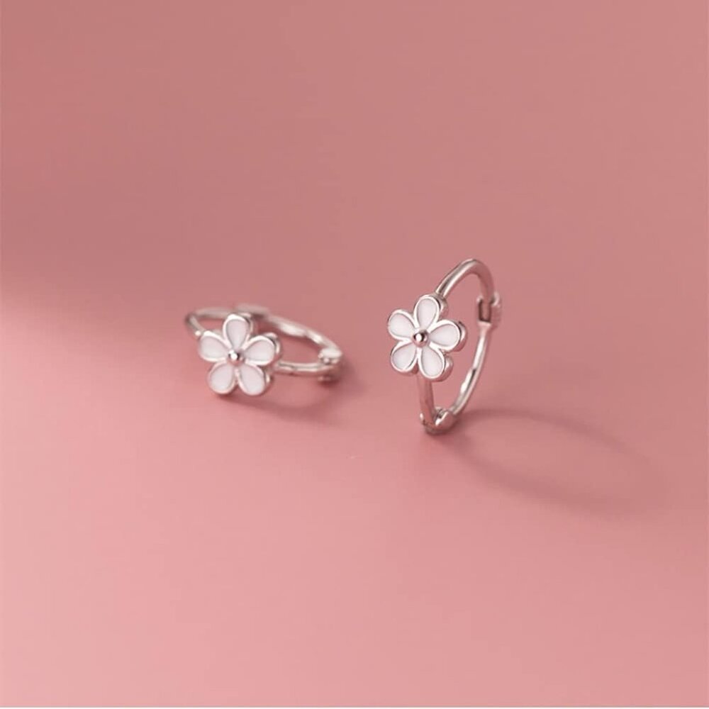 Solid 925 Sterling Silver Flower Hoop Earrings Huggie for Women Teen Girls Daisy - Picture 6 of 8